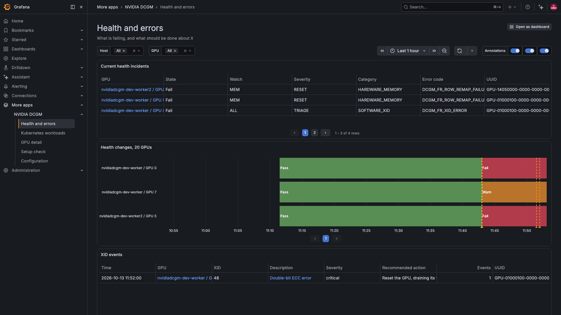 Health and errors page in the NVIDIA DCGM plug-in for Grafana