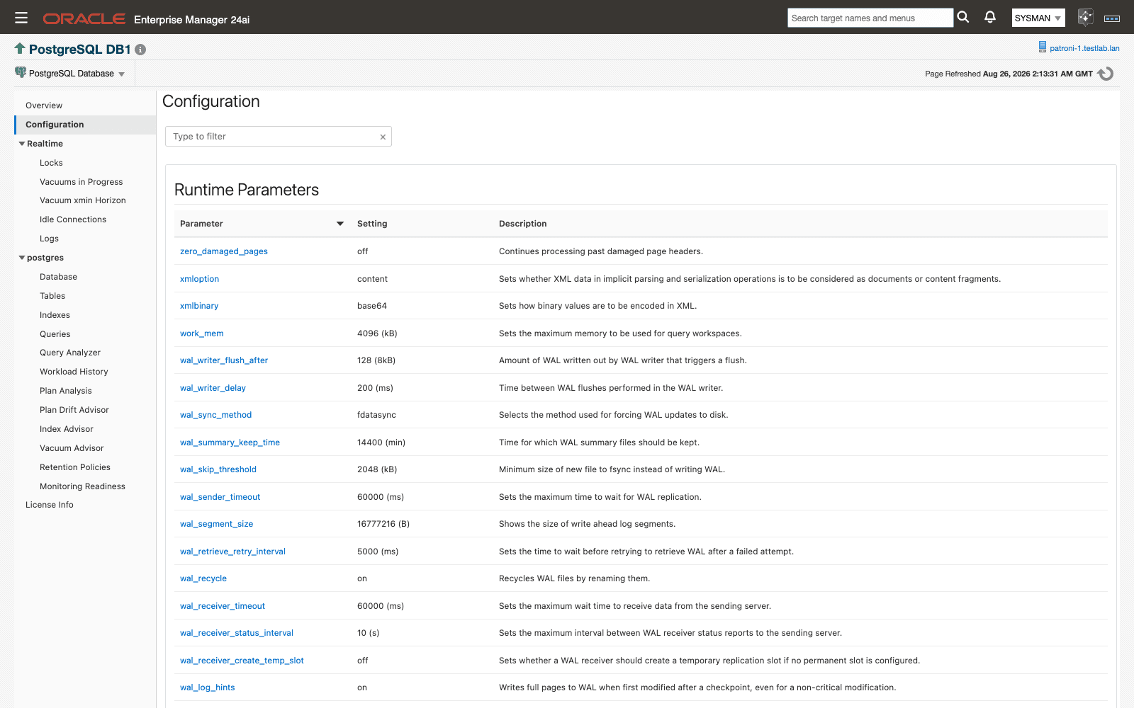Configuration page in Oracle Enterprise Manager