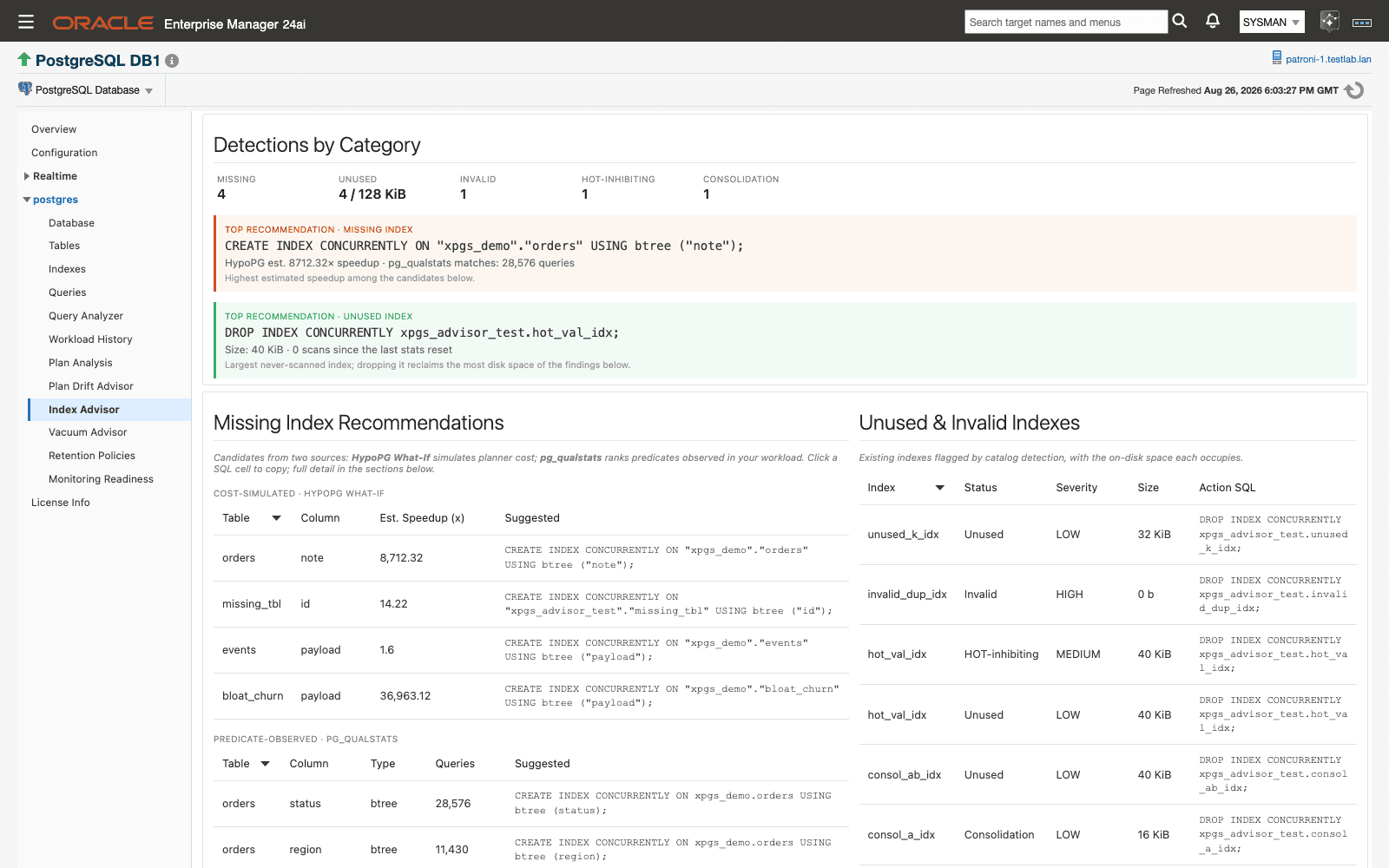 Index Advisor page in Oracle Enterprise Manager