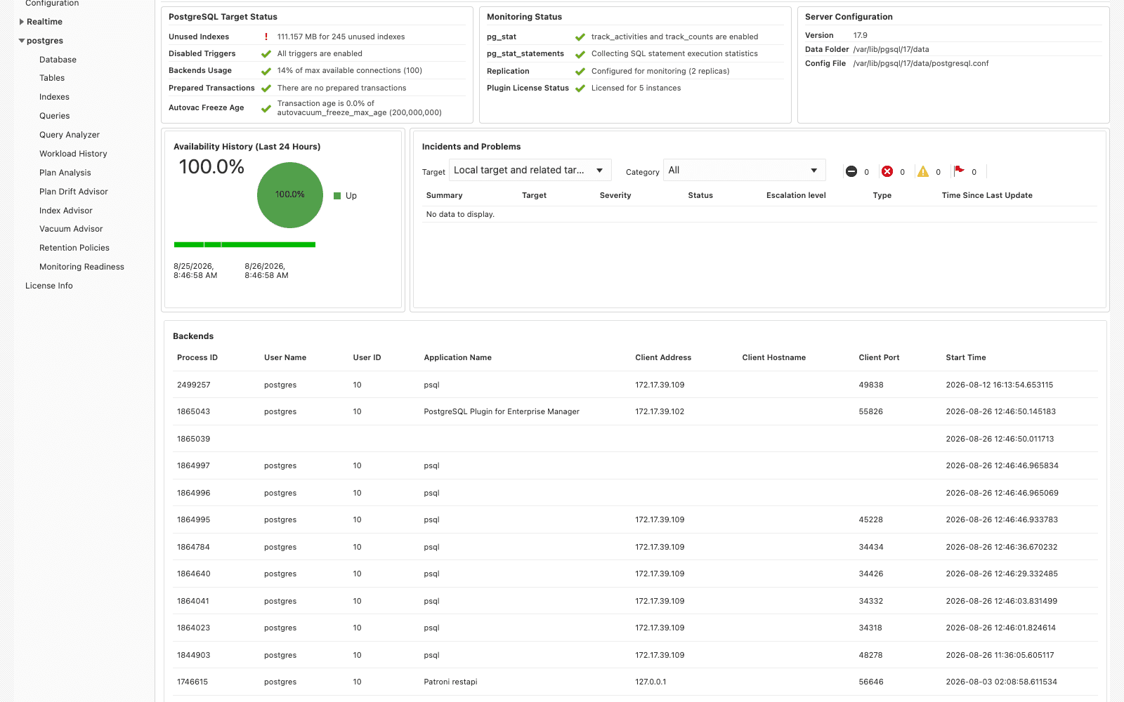 Overview page in Oracle Enterprise Manager: target status, availability, incidents, and backends