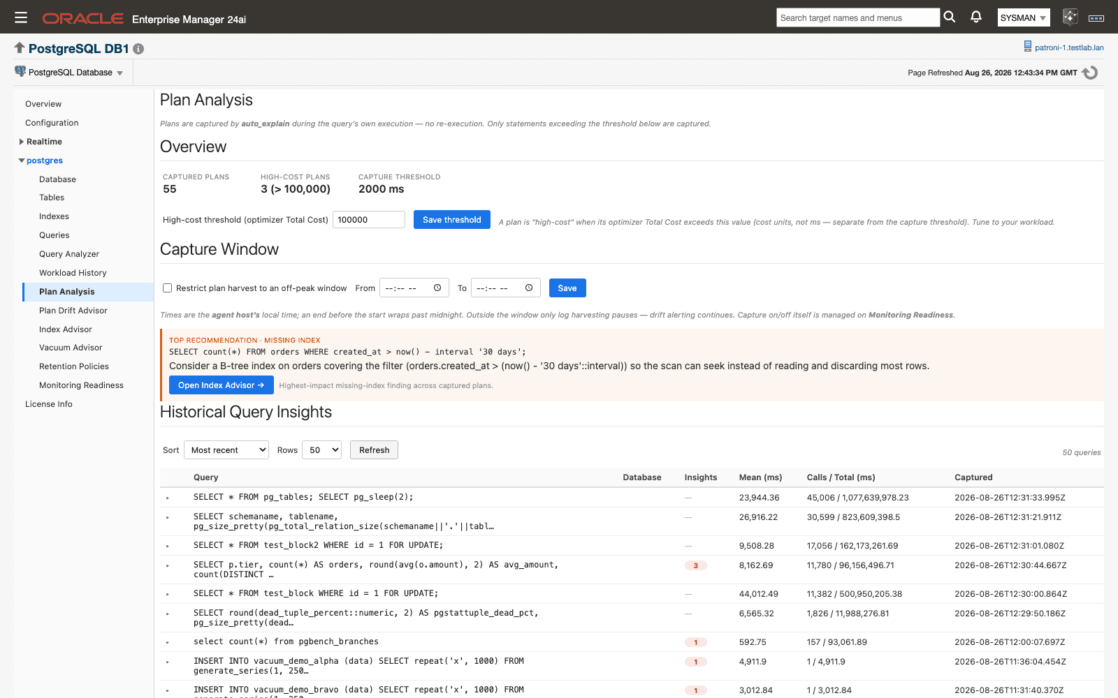 Plan Analysis page in Oracle Enterprise Manager