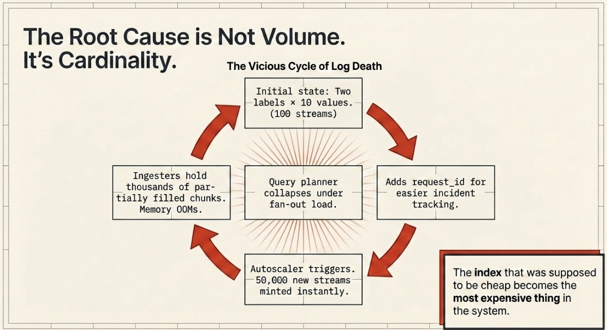 Blueprint-style panel headed The Root Cause is Not Volume. It's Cardinality, showing a four-step cycle labelled The Vicious Cycle of Log Death: initial state of two labels times ten values producing one hundred streams, then adding request_id for easier incident tracking, then an autoscaler trigger minting fifty thousand new streams instantly, then ingesters holding thousands of partially filled chunks and hitting memory OOMs, with the query planner collapsing under fan-out load at the center and a boxed note reading the index that was supposed to be cheap becomes the most expensive thing in the system
