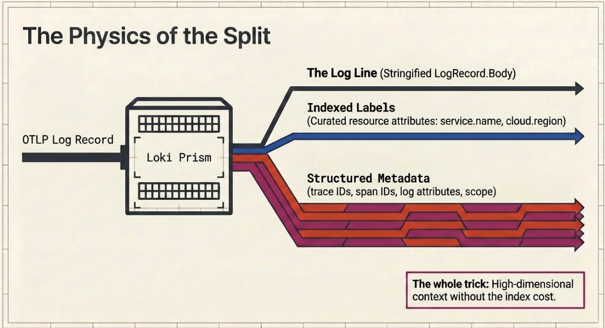 Blueprint-style diagram headed The Physics of the Split, showing a single OTLP Log Record entering a component labelled Loki Prism and emerging as three separate outputs: a dark arrow for The Log Line described as stringified LogRecord.Body, a single blue arrow for Indexed Labels described as curated resource attributes such as service.name and cloud.region, and a wide bundle of many orange and magenta arrows for Structured Metadata described as trace IDs, span IDs, log attributes and scope, with a boxed note reading the whole trick is high-dimensional context without the index cost