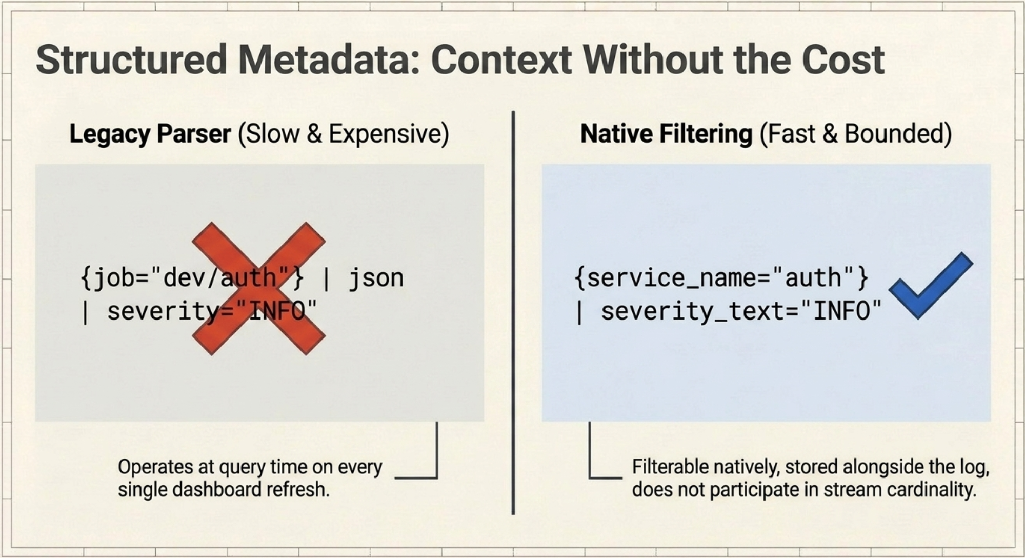 Blueprint-style panel headed Structured Metadata: Context Without the Cost, comparing two queries side by side. On the left, under Legacy Parser marked slow and expensive, the query job equals dev slash auth piped through json and severity equals INFO is struck through with a large red X and annotated that it operates at query time on every single dashboard refresh. On the right, under Native Filtering marked fast and bounded, the query service_name equals auth piped through severity_text equals INFO carries a blue checkmark and a note that it is filterable natively, stored alongside the log, and does not participate in stream cardinality