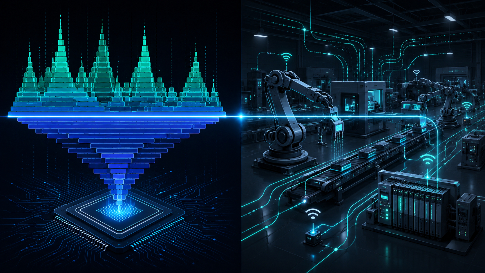 Two halves of one observability story: a deep CPU flame graph on one side, an instrumented factory floor on the other