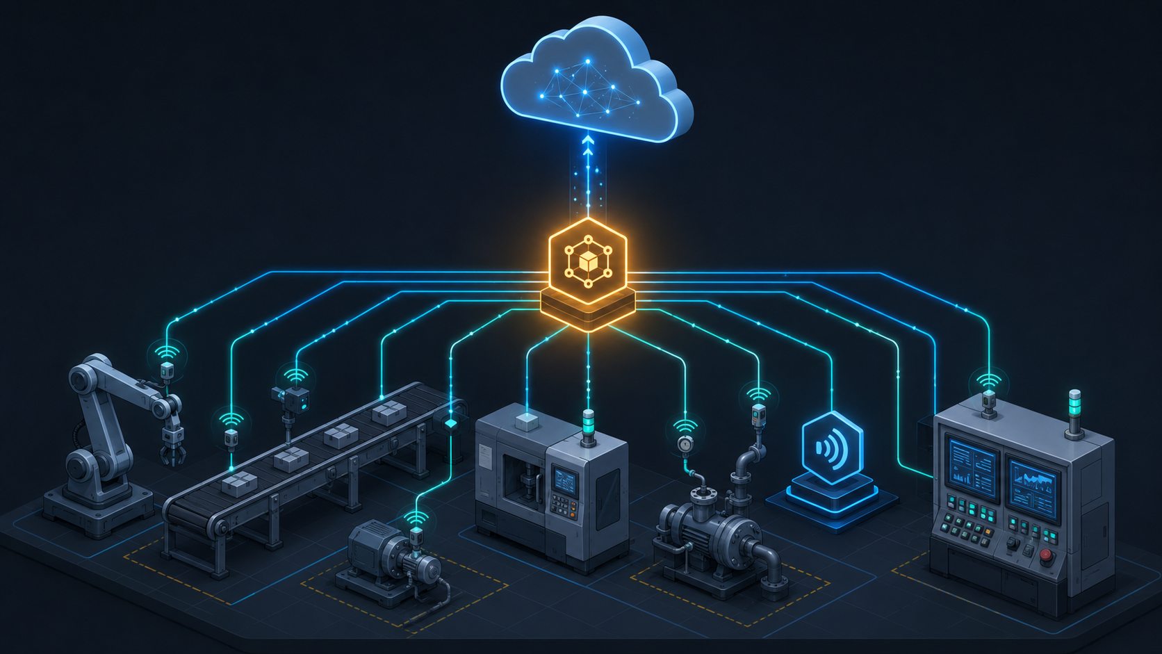 Legacy factory-floor equipment (robotic arms, PLCs, and an MQTT broker) emitting telemetry that converges through an OpenTelemetry Collector and flows up to the cloud