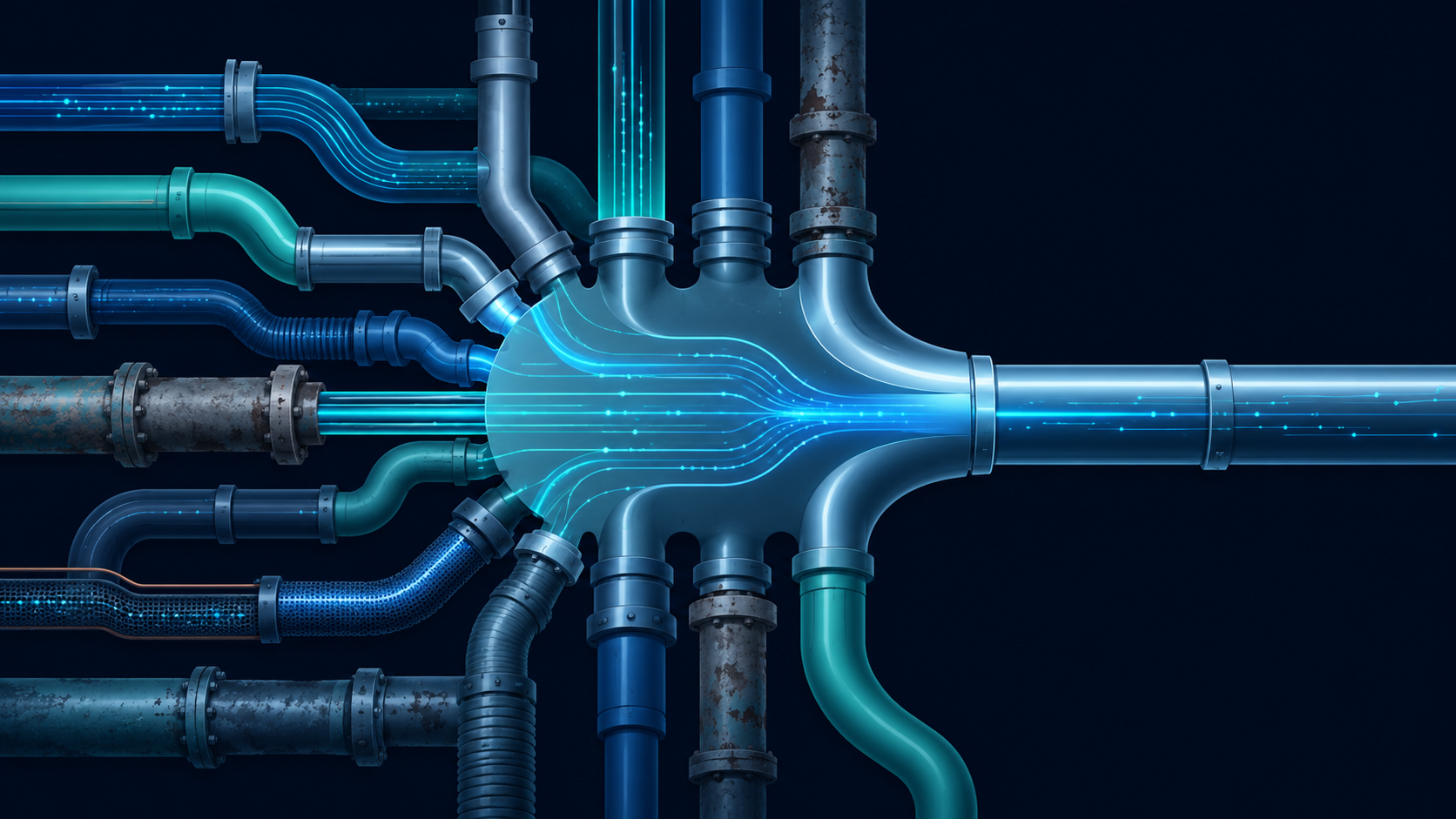 Pipes of every age and material, new and weathered alike, converging into one clean unified manifold as the IT and OT estates finally share a single telemetry standard