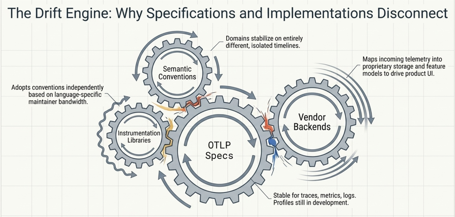 Diagram headed The Drift Engine: Why Specifications and Implementations Disconnect. Four interlocking gears turn at different speeds. Semantic Conventions, labelled Domains stabilize on entirely different, isolated timelines. Instrumentation Libraries, labelled Adopts conventions independently based on language-specific maintainer bandwidth. OTLP Specs, labelled Stable for traces, metrics, logs; profiles still in development. Vendor Backends, labelled Maps incoming telemetry into proprietary storage and feature models to drive product UI