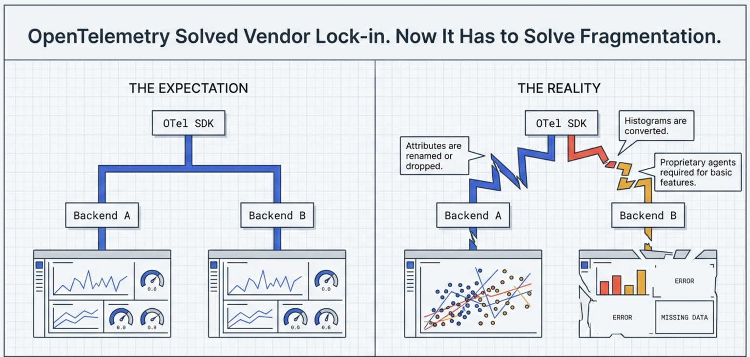 Side-by-side diagram headed OpenTelemetry Solved Vendor Lock-in. Now It Has to Solve Fragmentation. On the left, The Expectation: one OTel SDK feeds Backend A and Backend B, and both show identical dashboards. On the right, The Reality: the same SDK reaches the two backends over broken, jagged lines, with callouts reading Attributes are renamed or dropped, Histograms are converted, and Proprietary agents required for basic features. Backend A shows a scattered chart, and Backend B shows a partial chart beside panels marked Error and Missing Data