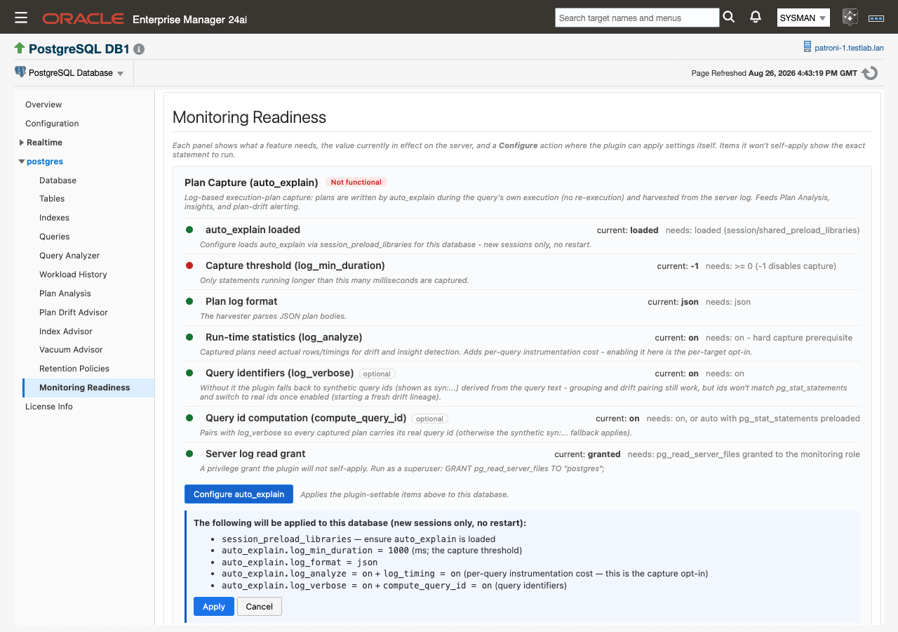 The Plan Capture panel on the Monitoring Readiness page, flagged Not functional. Rows list what capture needs against what the server has now: auto_explain loaded, a capture threshold currently at -1 against a requirement of 0 or higher, JSON plan format, run-time statistics on, query identifiers on, and the server log read grant marked granted, with a note that a superuser runs this grant. Below, the Configure auto_explain preview lists the settings it will apply to the database for new sessions only with no restart, including a 1000 ms capture threshold, followed by Apply and Cancel buttons