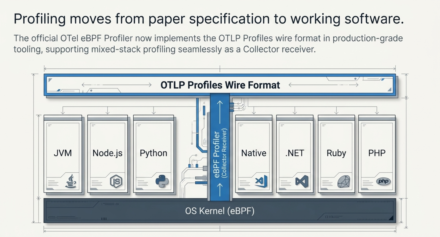 Blueprint-style architecture diagram headed Profiling moves from paper specification to working software. A bar labelled OTLP Profiles Wire Format spans the top. Beneath it, a vertical column labelled eBPF Profiler (Collector Receiver) rises from a base labelled OS Kernel (eBPF), flanked by runtime blocks for JVM, Node.js, Python, native code, .NET, Ruby, and PHP